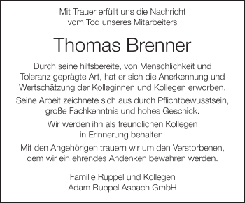 Traueranzeige von Thomas Brenner von Echo-Zeitungen (Gesamtausgabe)