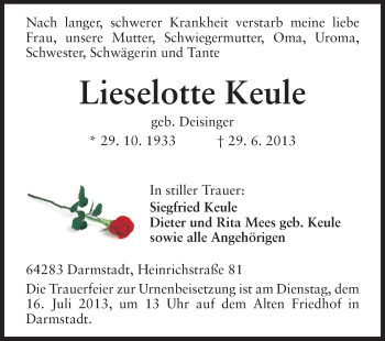 Traueranzeige von Lieselotte Keule von Echo-Zeitungen (Gesamtausgabe)