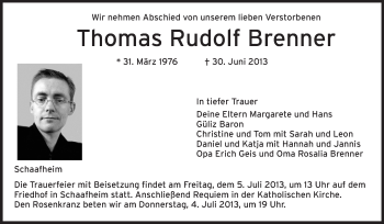 Traueranzeige von Thomas Rudolf Brenner von Echo-Zeitungen (Gesamtausgabe)