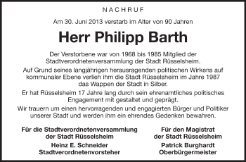 Traueranzeige von Philipp Barth von Rüsselsheimer Echo, Groß-Gerauer-Echo, Ried Echo