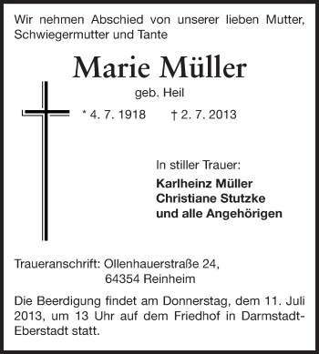 Traueranzeige von Marie Müller  von Echo-Zeitungen (Gesamtausgabe)