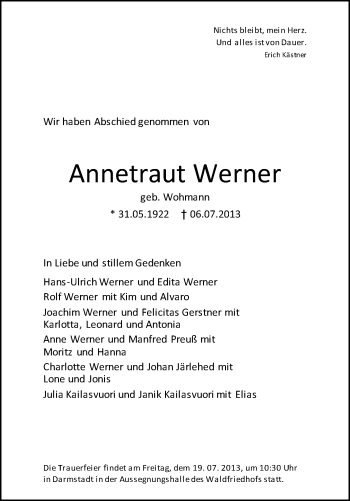 Traueranzeige von Annetraut Werner von Echo-Zeitungen (Gesamtausgabe)