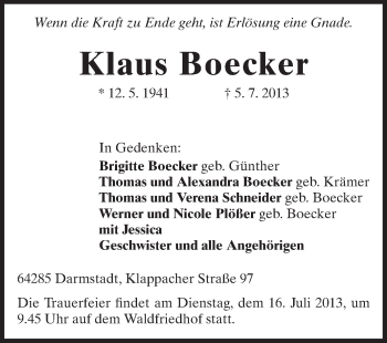Traueranzeige von Klaus Boecker von Echo-Zeitungen (Gesamtausgabe)