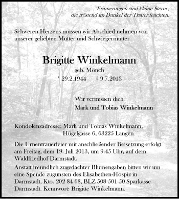 Traueranzeige von Brigitte Winkelmann von Echo-Zeitungen (Gesamtausgabe)