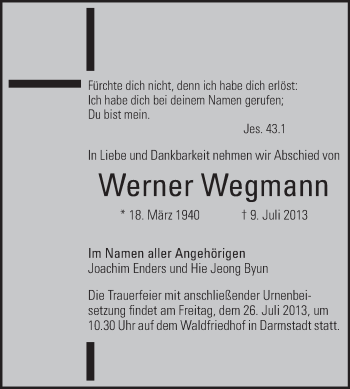Traueranzeige von Werner Wegmann von Echo-Zeitungen (Gesamtausgabe)