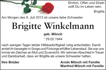 Traueranzeige von Brigitte Winkelmann von Echo-Zeitungen (Gesamtausgabe)