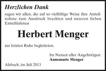 Traueranzeige von Herbert Menger von Echo-Zeitungen (Gesamtausgabe)