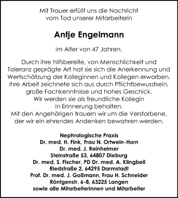 Traueranzeige von Antje Engelmann von Echo-Zeitungen (Gesamtausgabe)