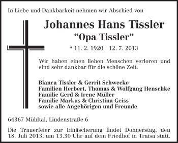 Traueranzeige von Johannes Hans Tissler von Echo-Zeitungen (Gesamtausgabe)