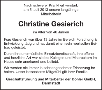 Traueranzeige von Christine Gesierich von Darmstädter Echo, Odenwälder Echo, Rüsselsheimer Echo, Groß-Gerauer-Echo, Ried Echo