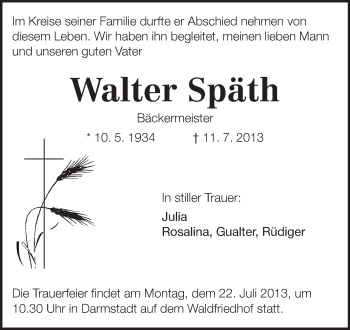 Traueranzeige von Walter Späth von Darmstädter Echo, Odenwälder Echo, Rüsselsheimer Echo, Groß-Gerauer-Echo, Ried Echo