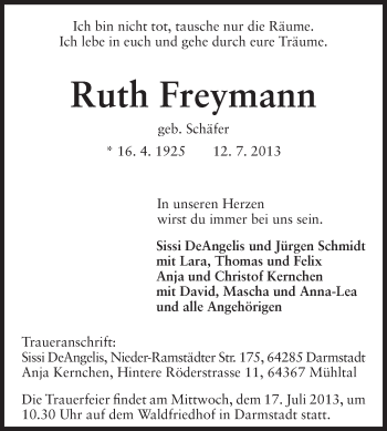 Traueranzeige von Ruth Freymann von Echo-Zeitungen (Gesamtausgabe)