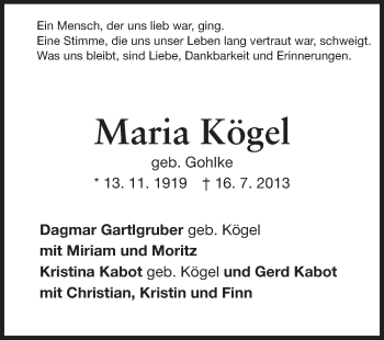 Traueranzeige von Maria Kögel von Echo-Zeitungen (Gesamtausgabe)