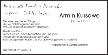 Traueranzeige von Armin Kusawe von Echo-Zeitungen (Gesamtausgabe)