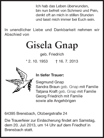 Traueranzeige von Gisela Gnap von Odenwälder Echo