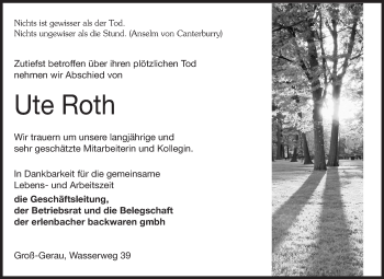 Traueranzeige von Ute Roth von Rüsselsheimer Echo, Groß-Gerauer-Echo, Ried Echo