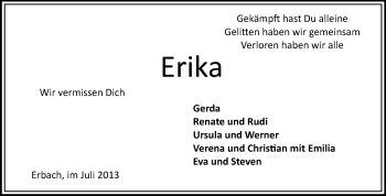 Traueranzeige von Erika Walter von Odenwälder Echo
