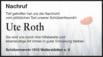 Traueranzeige von Ute Roth von Rüsselsheimer Echo, Groß-Gerauer-Echo, Ried Echo