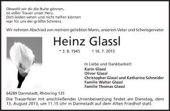 Traueranzeige von Heinz Glassl von Echo-Zeitungen (Gesamtausgabe)