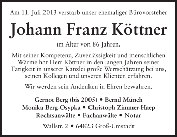 Traueranzeige von Johann Franz Köttner von Echo-Zeitungen (Gesamtausgabe)