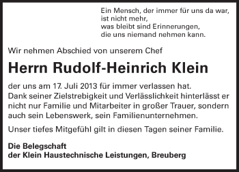 Traueranzeige von Rudolf-Heinrich Klein von Odenwälder Echo