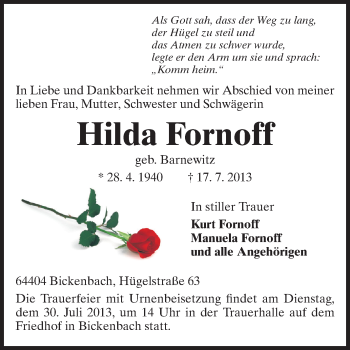 Traueranzeige von Hilda Fornoff von Echo-Zeitungen (Gesamtausgabe)