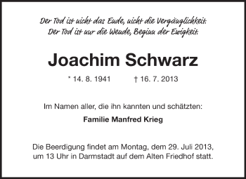 Traueranzeige von Joachim Schwarz von Echo-Zeitungen (Gesamtausgabe)