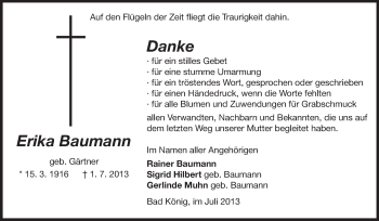 Traueranzeige von Erika Baumann von Odenwälder Echo