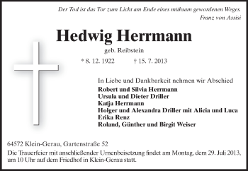 Traueranzeige von Hedwig Herrmann von Rüsselsheimer Echo, Groß-Gerauer-Echo, Ried Echo