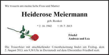 Traueranzeige von Heiderose Meiermann von Echo-Zeitungen (Gesamtausgabe)