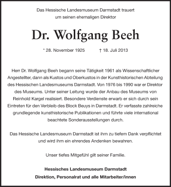 Traueranzeige von Wolfgang Beeh von Echo-Zeitungen (Gesamtausgabe)