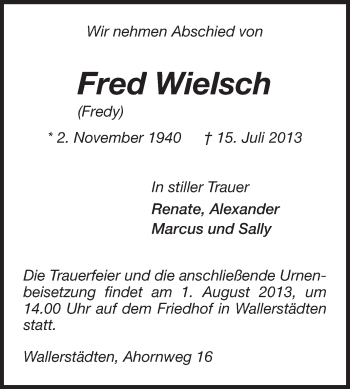Traueranzeige von Fred Wielsch von Rüsselsheimer Echo, Groß-Gerauer-Echo, Ried Echo