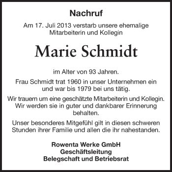 Traueranzeige von Marie Schmidt von Odenwälder Echo
