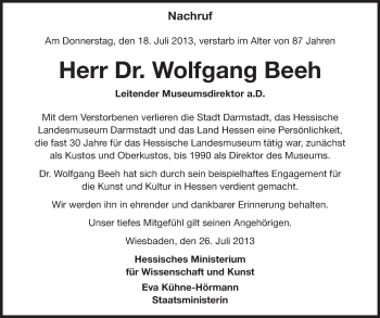 Traueranzeige von Wolfgang Beeh von Echo-Zeitungen (Gesamtausgabe)