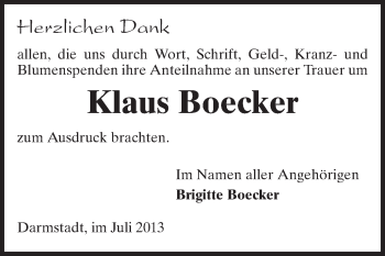 Traueranzeige von Klaus Boecker von Echo-Zeitungen (Gesamtausgabe)