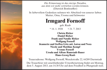 Traueranzeige von Irmgard Fornoff von Echo-Zeitungen (Gesamtausgabe)