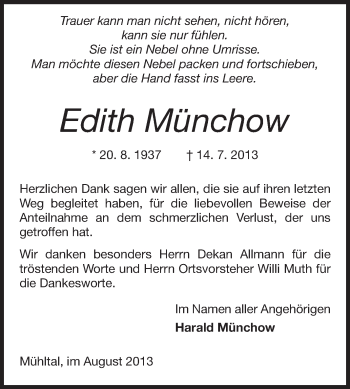 Traueranzeige von Edith Münchow von Echo-Zeitungen (Gesamtausgabe)