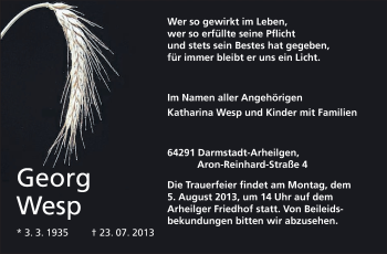 Traueranzeige von Georg Wesp von Echo-Zeitungen (Gesamtausgabe)
