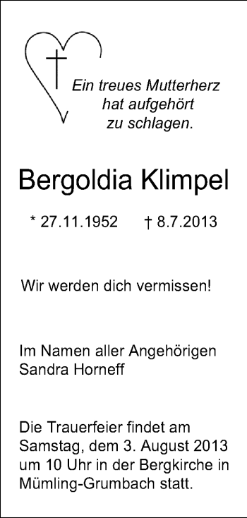 Traueranzeige von Bergoldia Klimpel von Odenwälder Echo