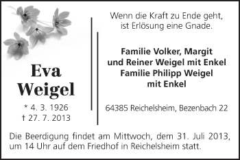 Traueranzeige von Eva Weigel von Odenwälder Echo