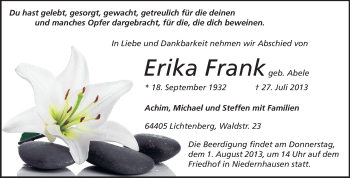 Traueranzeige von Erika Frank von Echo-Zeitungen (Gesamtausgabe)
