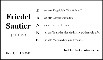 Traueranzeige von Friedel Sautier von Odenwälder Echo