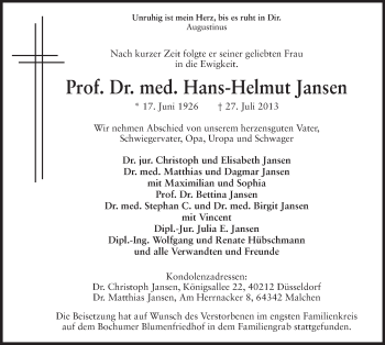 Traueranzeige von Hans-Helmut Jansen von Echo-Zeitungen (Gesamtausgabe)