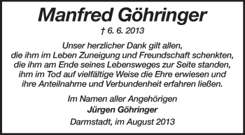 Traueranzeige von Manfred Göhringer von Echo-Zeitungen (Gesamtausgabe)