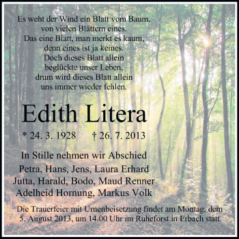 Traueranzeige von Edith Litera von Odenwälder Echo