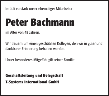 Traueranzeige von Peter Bachmann von Echo-Zeitungen (Gesamtausgabe)