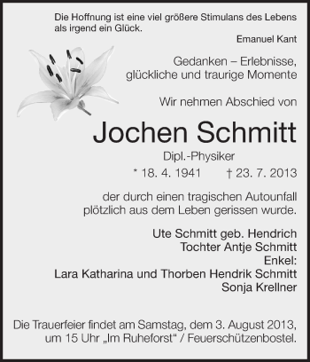 Traueranzeige von Jochen Schmitt von Echo-Zeitungen (Gesamtausgabe)