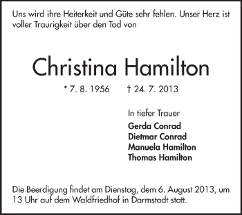 Traueranzeige von Christina Hamilton von Echo-Zeitungen (Gesamtausgabe)