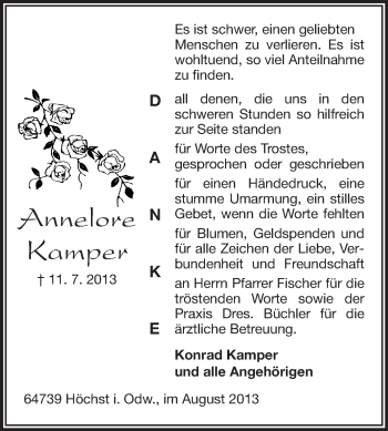 Traueranzeige von Annelore Kamper von Echo-Zeitungen (Gesamtausgabe)