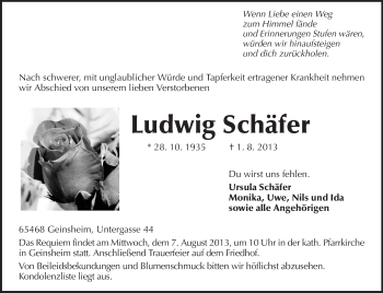 Traueranzeige von Ludwig Schäfer von Rüsselsheimer Echo, Groß-Gerauer-Echo, Ried Echo